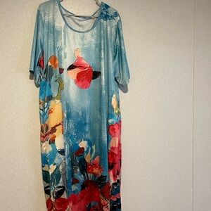 Women’s Plus Size Maxi Summer Dress With Pockets, Floral, Ocean Size 3XL